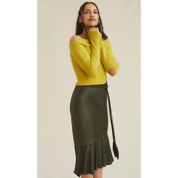 Anthropologie Off the Shoulder Cashmere Sweater Ribbed Slit Elbow Chartreuse S - Picture 2 of 6